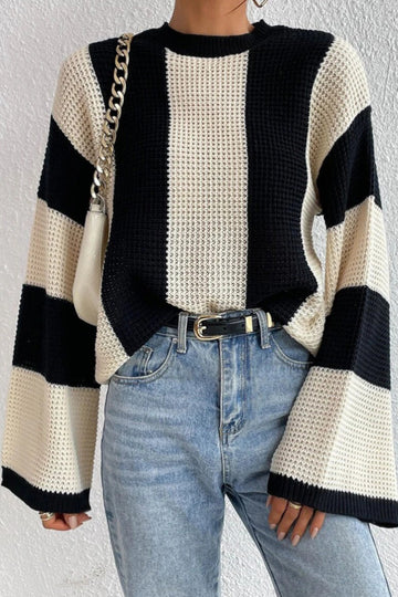 Contrast Stripe Bell Sleeve Knit Pullover Sweater