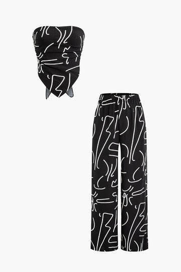 Abstract Print Knot Back Tube Top And Ruched Straight Leg Pants
