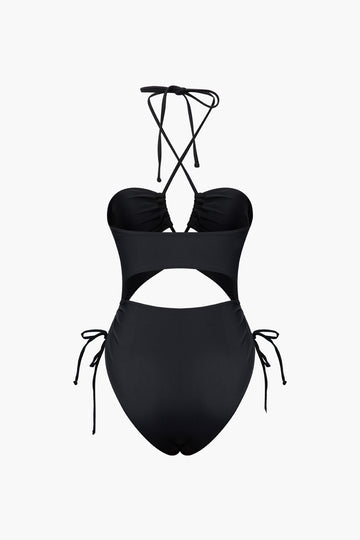 Solid Halter Tie Cut Out One-piece Swimsuit