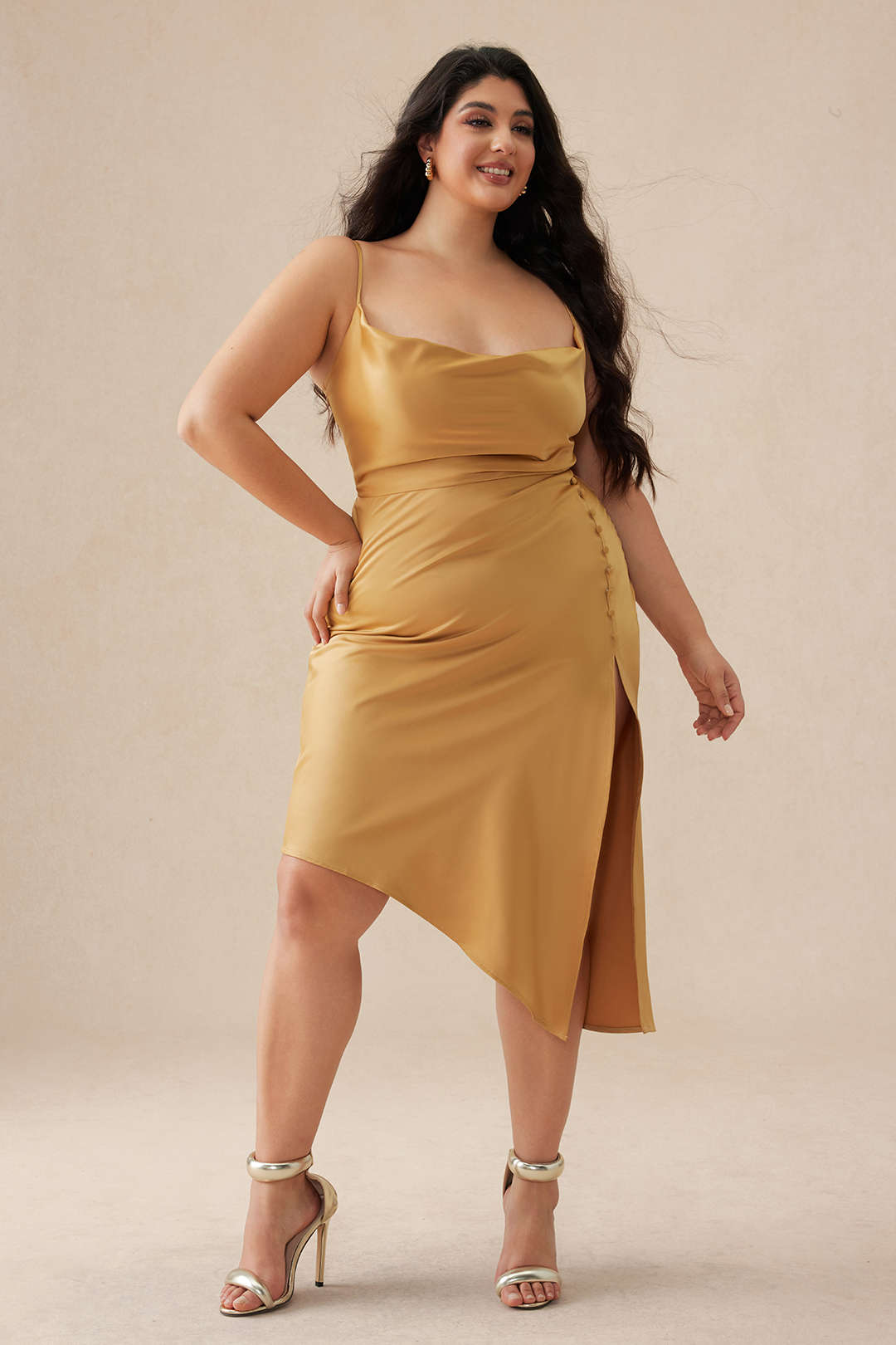 Plus Size Solid Button Draped Cowl Neck Midi Dress