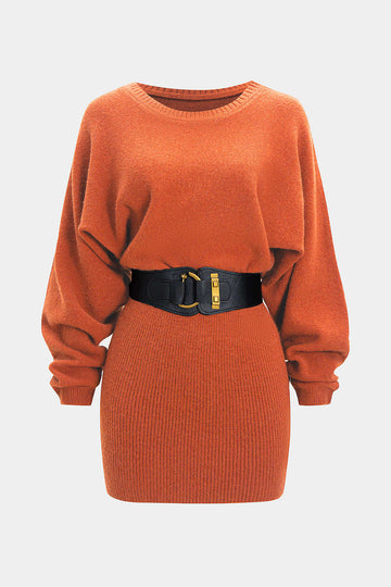 Knit Belted Batwing Long-Sleeve Dress