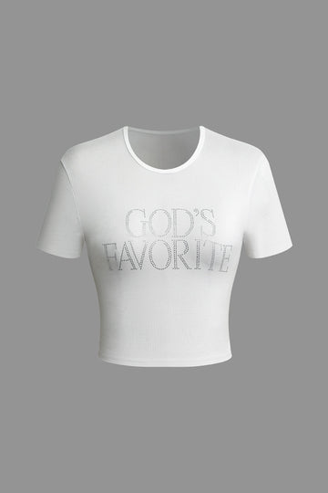 GOD'S FAVORITE Rhinestone Decor Crop T-shirt