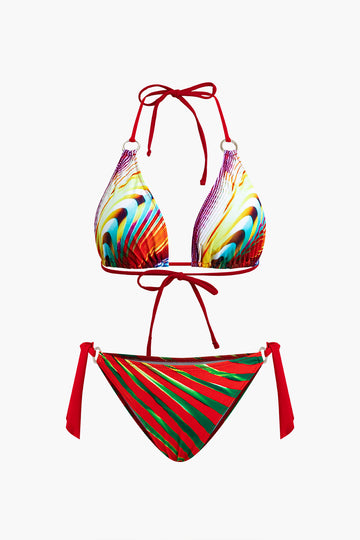 Abstract Print Halter Bikini Set With Cover Up
