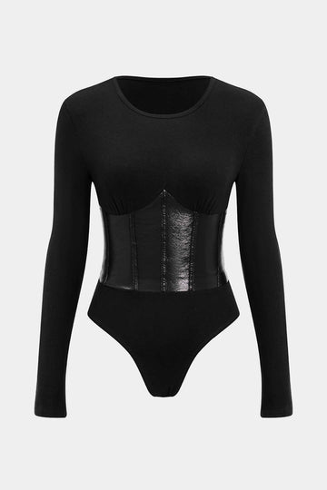 Patchwork Faux Leather Long Sleeve Bodysuit