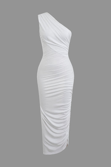 Asymmetrical Ruched One Shoulder Midi Dress