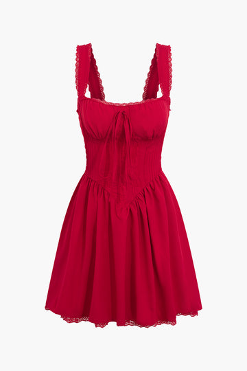 Lace Trim Square Neck Sleeveless Pleated Mini Dress