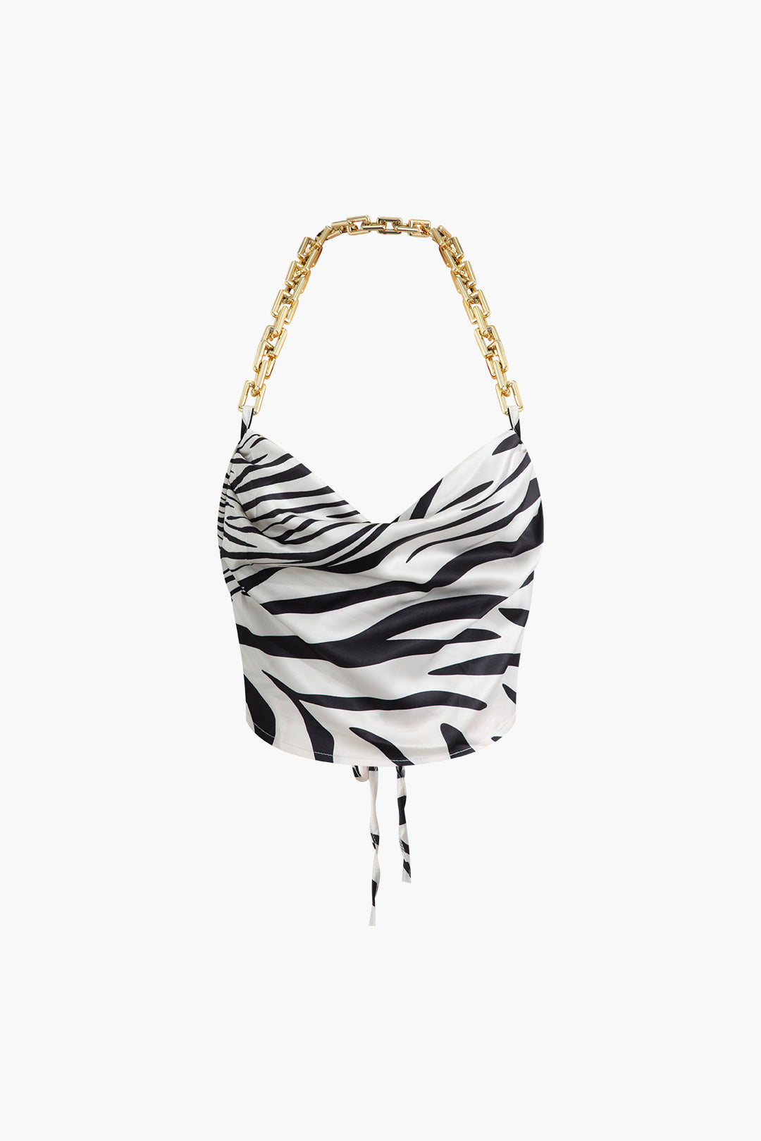 Zebra Print Chain Halter Cowl Neck Backless Top And Split Skirt Set