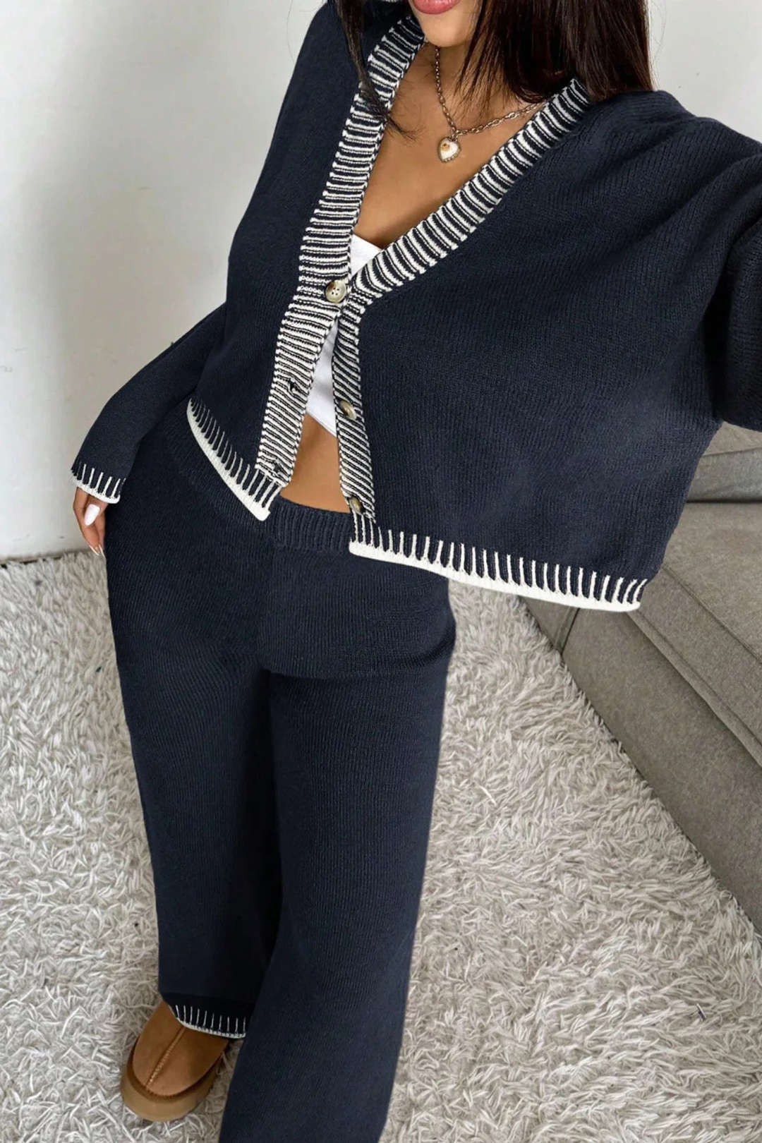 Knit Contrast Binding Button Cardigan And Straight Leg Pants Set