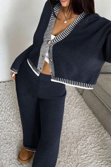 Knit Contrast Binding Button Cardigan And Straight Leg Pants Set