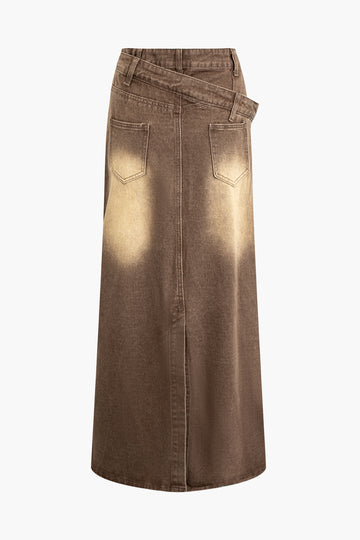 Faded Asymmetric Waist Denim Split Maxi Skirt