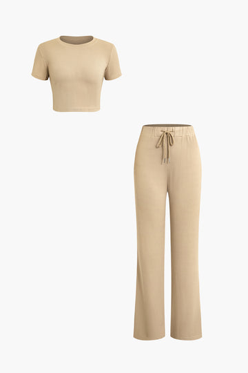 Basic Solid Short Sleeve Top And Ribbed Trousers Set