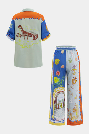 Abstract Print Tie-Up Short Sleeve Shirt And Pants Set
