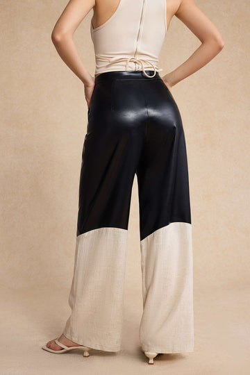 Faux Leather Linen High Waist Patchwork Trousers