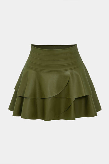 Solid Faux Leather Asymmetrical Layer Skirt