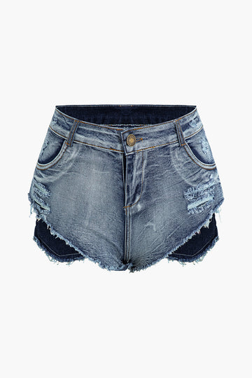Asymmetrical Frayed Denim Shorts