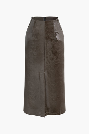 High Waist Faux Leather Slit Maxi Skirt