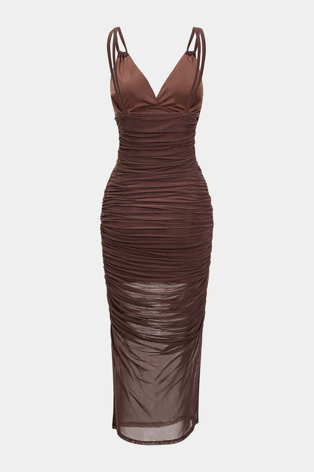 Mesh Ruched Slip V-Neck Sleeveless Maxi Dress