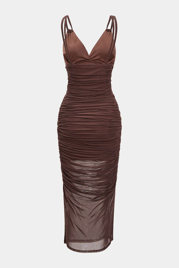 Mesh Ruched Slip V-Neck Sleeveless Maxi Dress