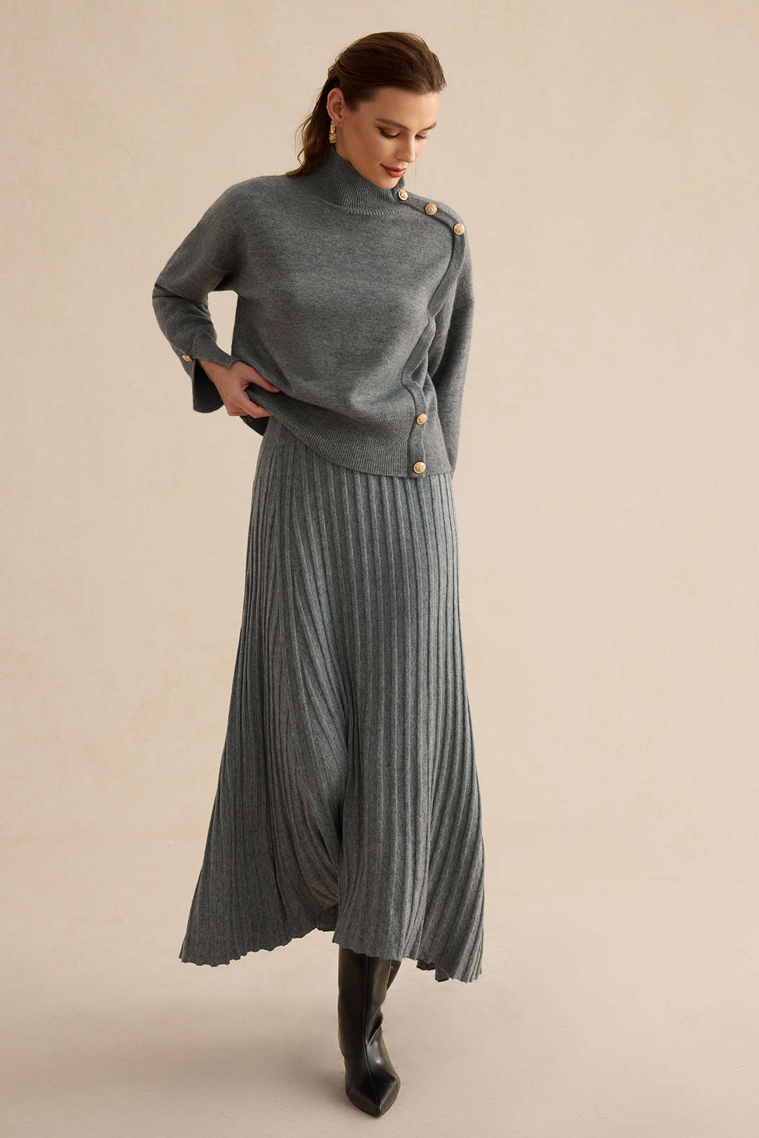 Knit Asymmetrical Button Long-Sleeve Top