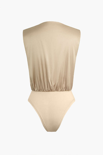 Satin V-neck Ruched Panelled Sleeveless Bodysuit