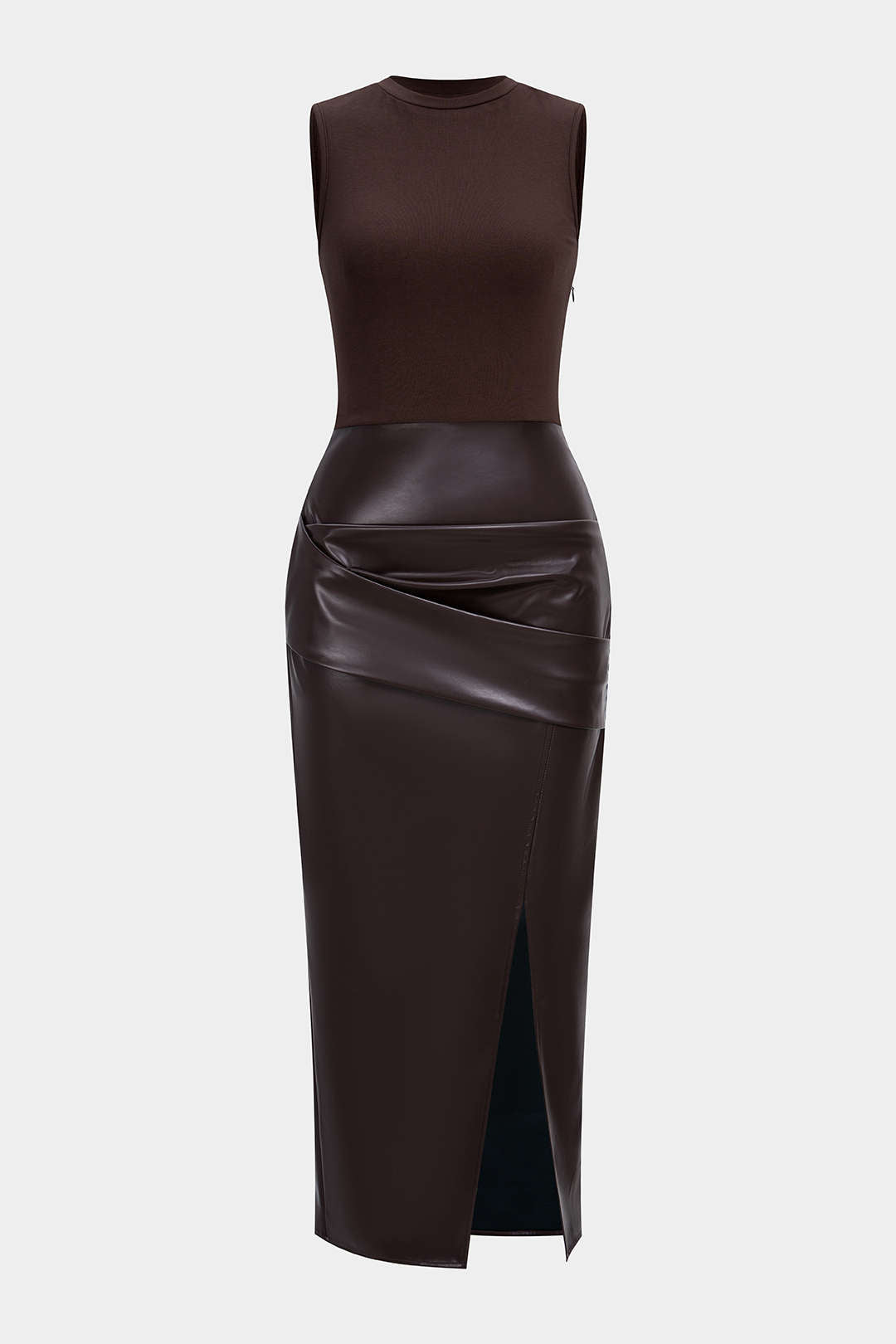 Faux Leather Patchwork Ruched Sleeveless Midi Dress