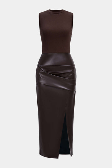 Faux Leather Patchwork Ruched Sleeveless Midi Dress