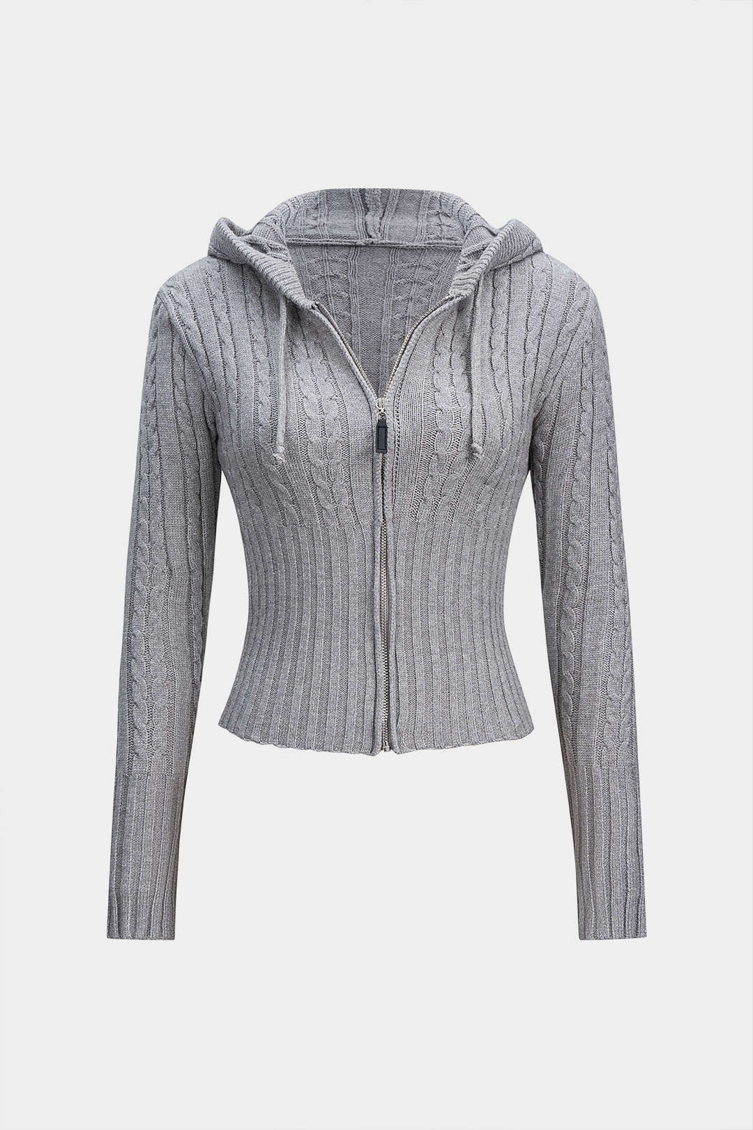 Cable Knit Zipper Hooded Cardigan