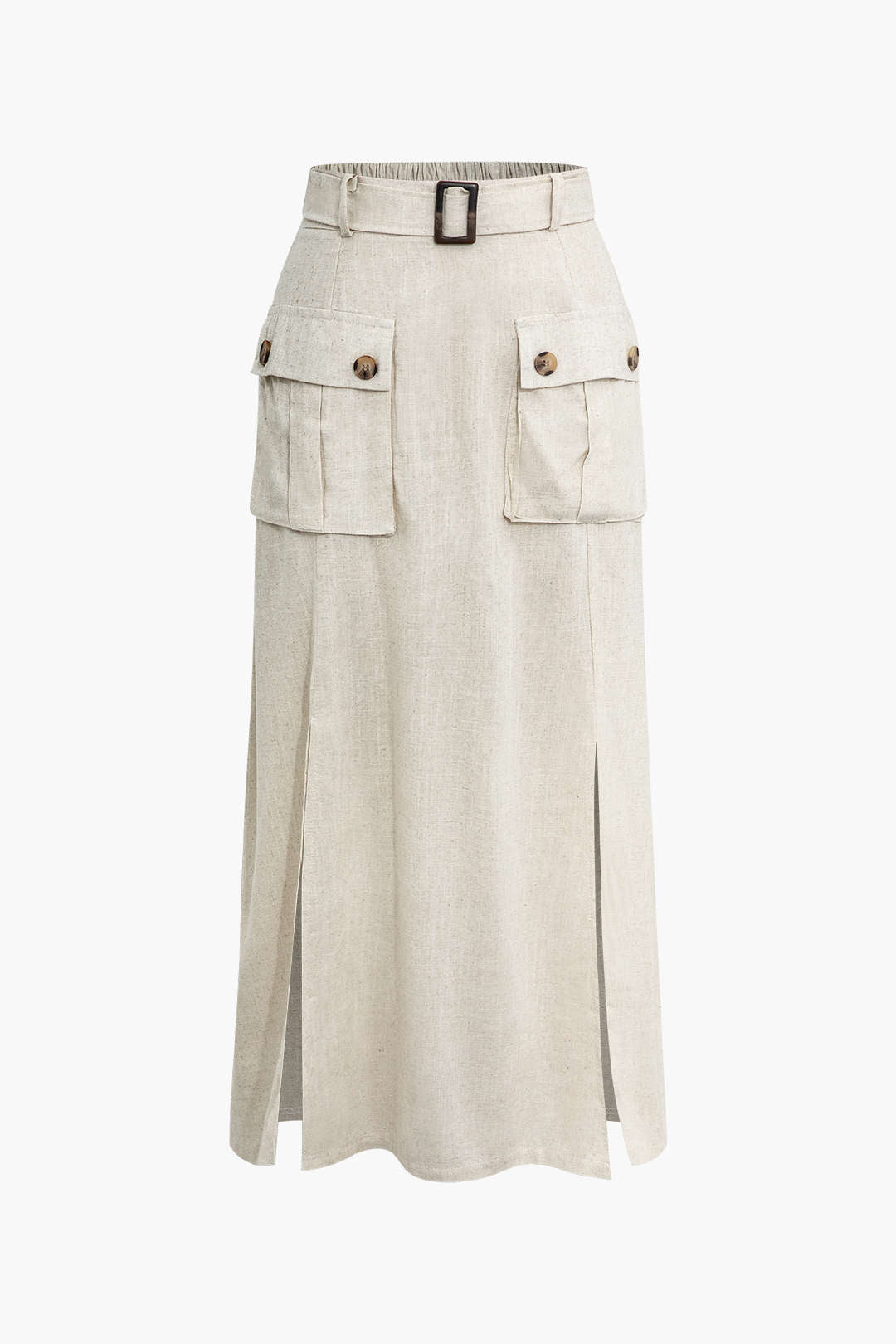 Flap Pocket Split Belted Midi Skirt