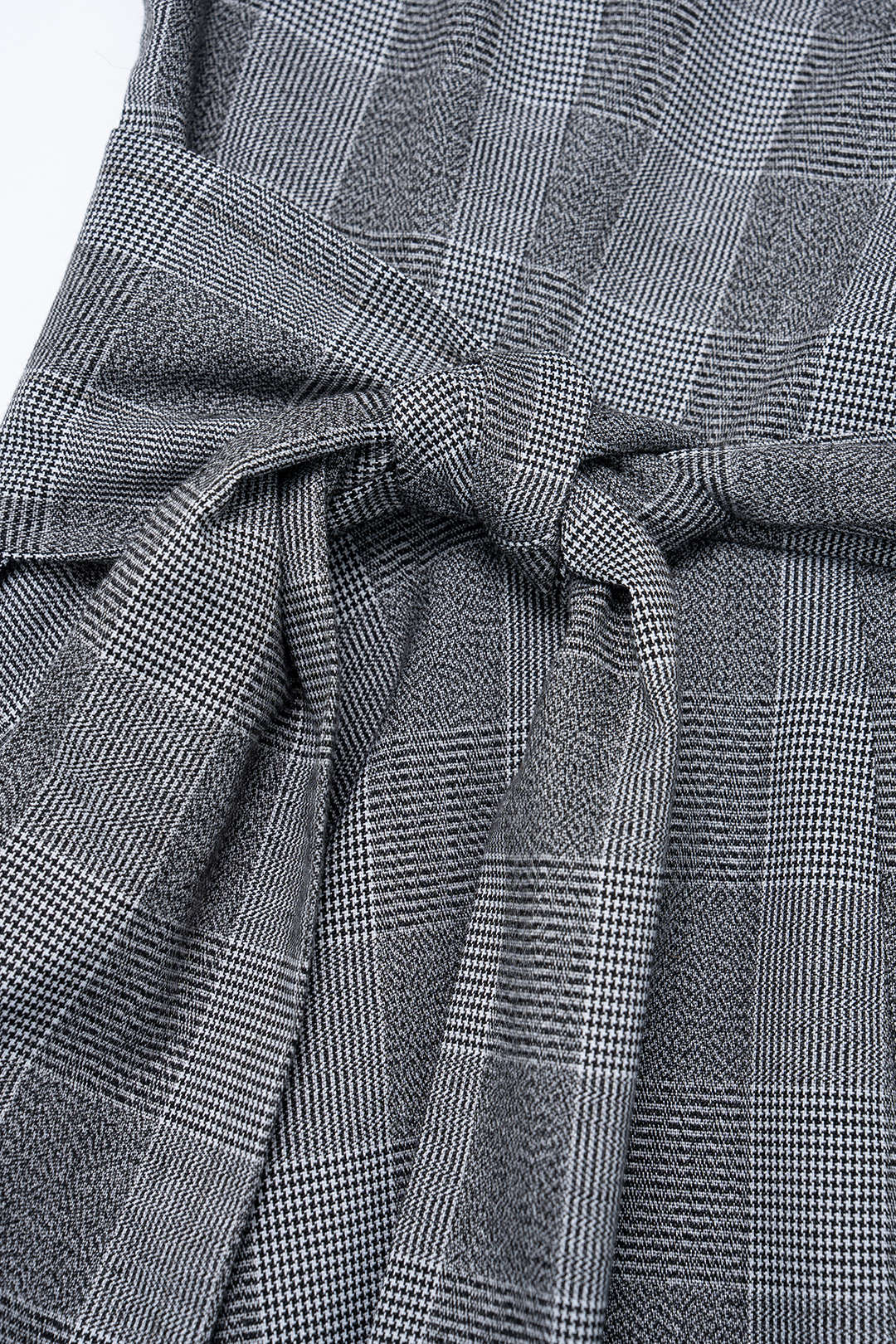 Plaid Print V-Neck Knot Ruched Asymmetrical Hem Long-Sleeve Midi Dress