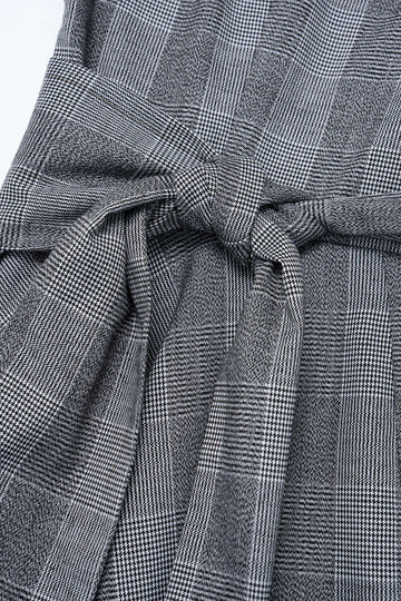 Plaid Print V-Neck Knot Ruched Asymmetrical Hem Long-Sleeve Midi Dress