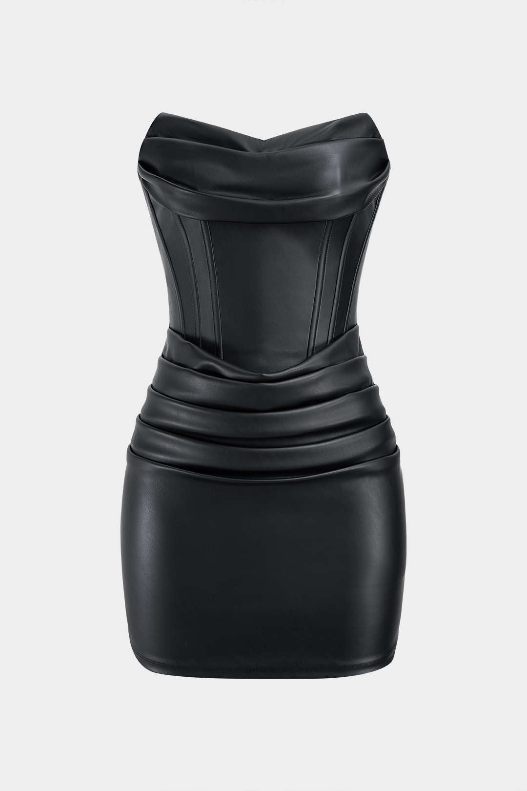 Faux Leather Zipper Ruched Strapless Sleeveless Mini Dress Micas Faux Leather Zipper Ruched Strapless Sleeveless Mini Dress Micas