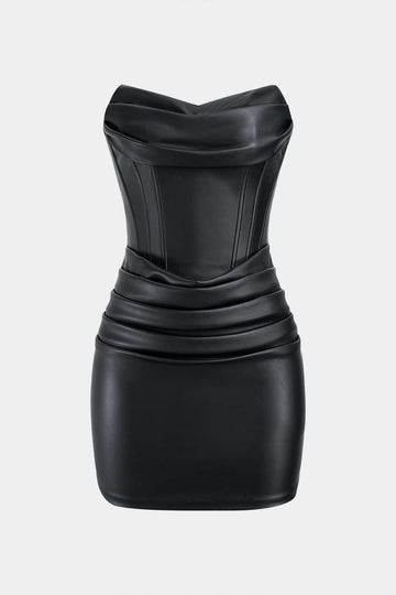 Faux Leather Zipper Ruched Strapless Sleeveless Mini Dress