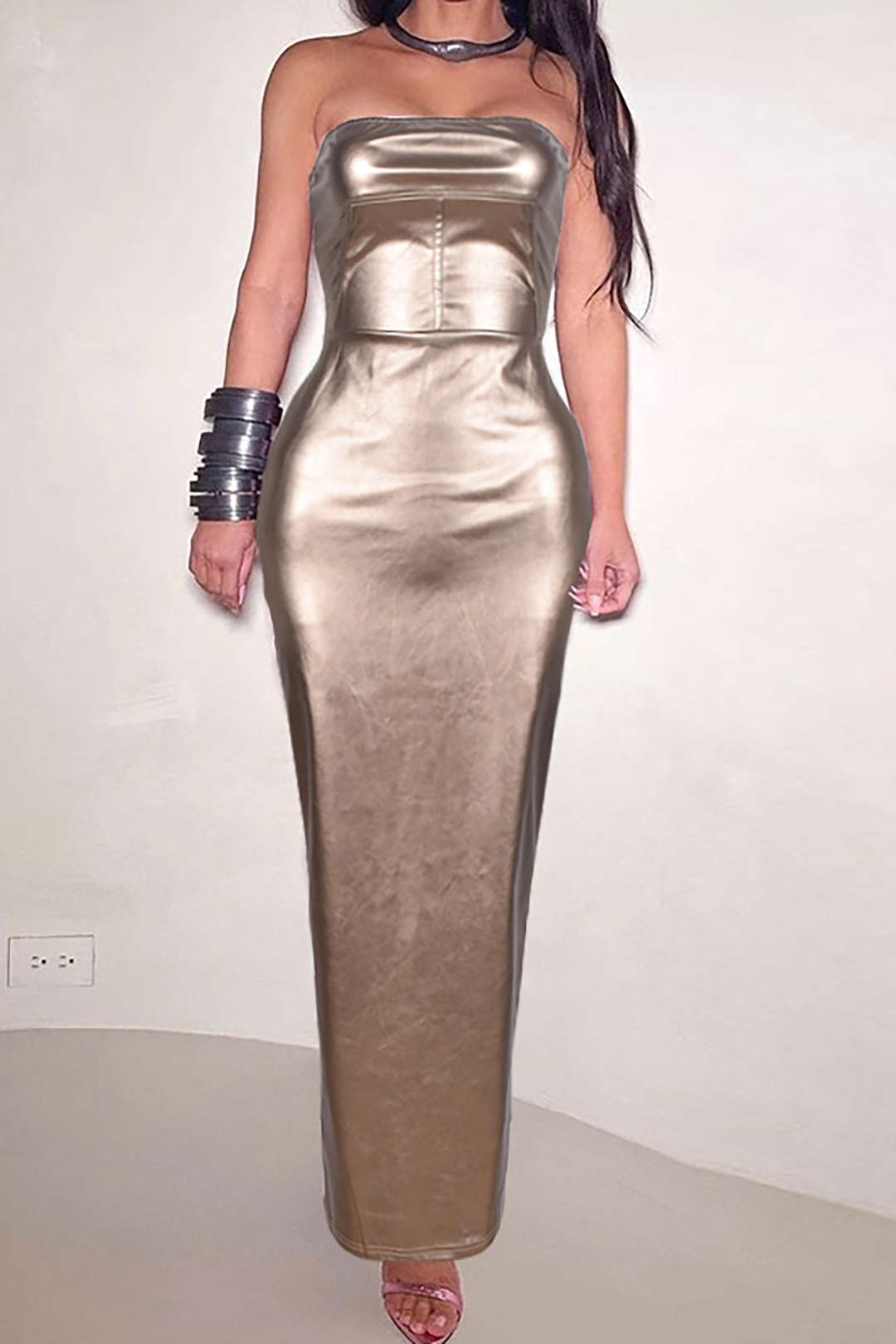 Metallic Faux Leather Strapless Maxi Dress