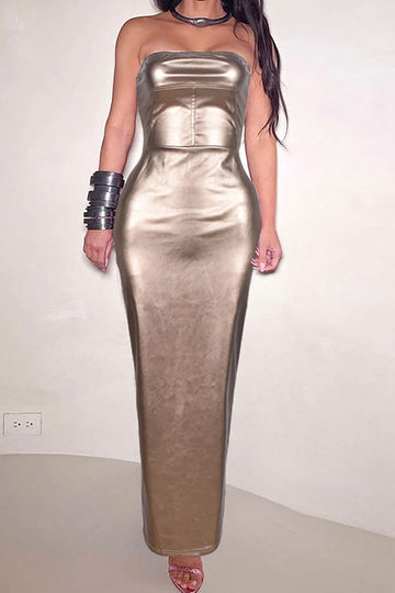 Metallic Faux Leather Strapless Maxi Dress