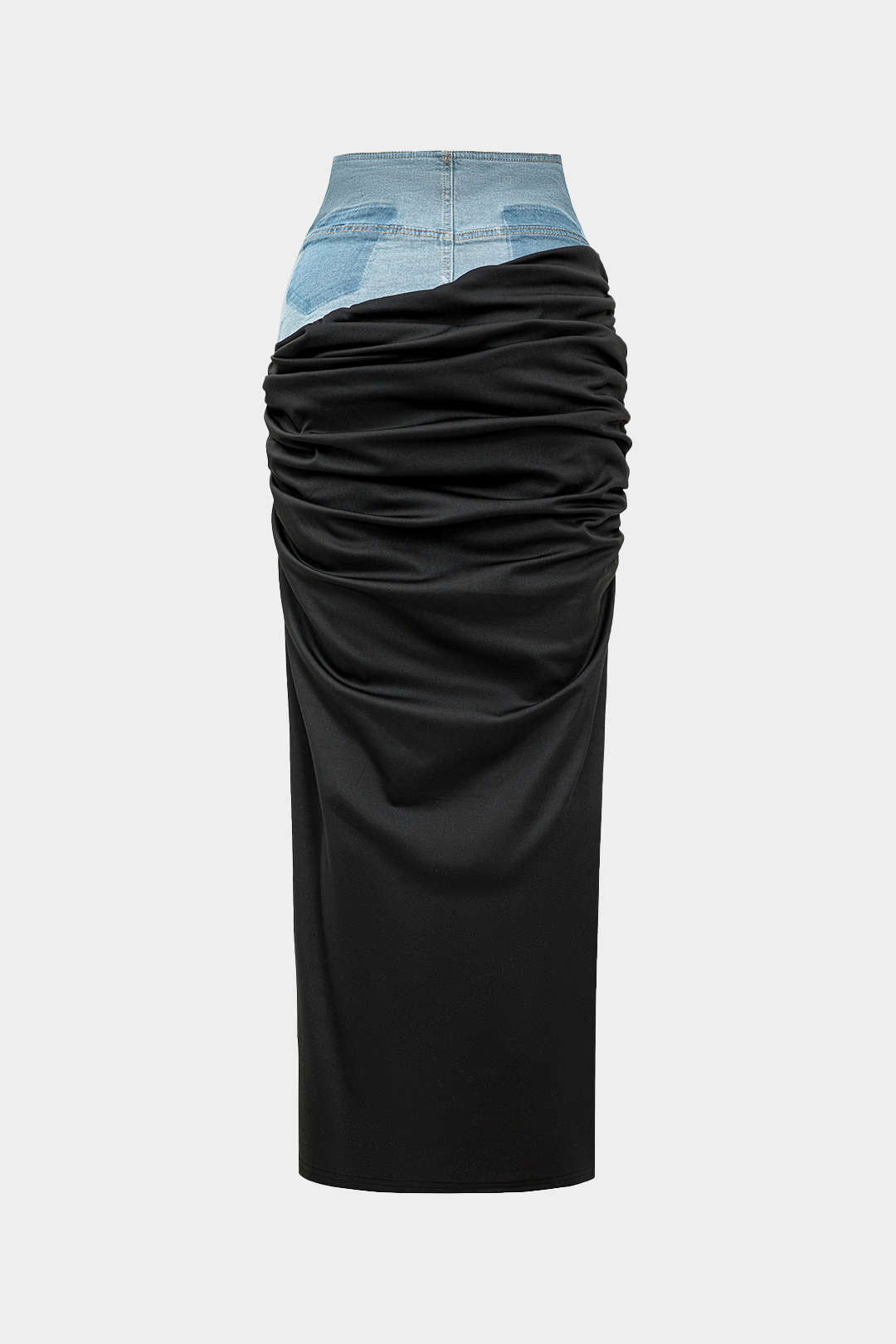 Denim Patchwork Color Block Ruched Zipper Skirt