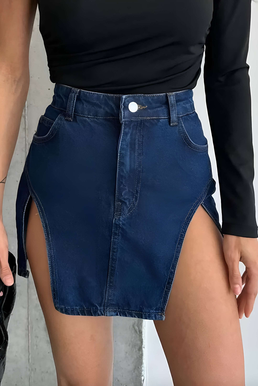 Solid Slit Mini Denim Skirt