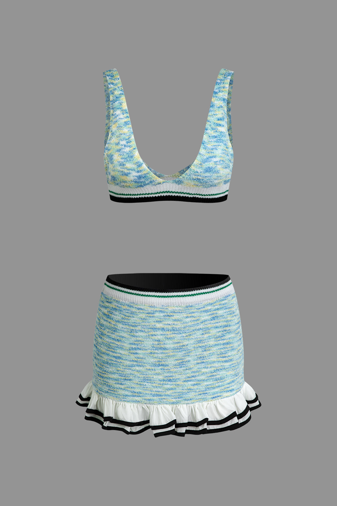 V-Neck Sleeveless Knit Tank Top And Ruffle Mini Skirt Set