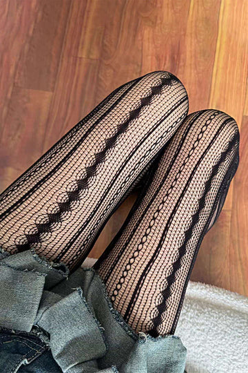 Retro Diamond Vertical Stripes Hollowed-Out Tights