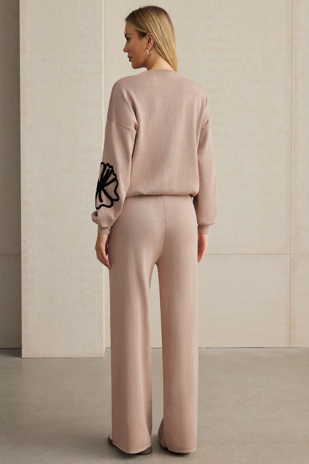 Knit Round Neck Embroidery Long-Sleeve Top And Wide Leg Pants Set