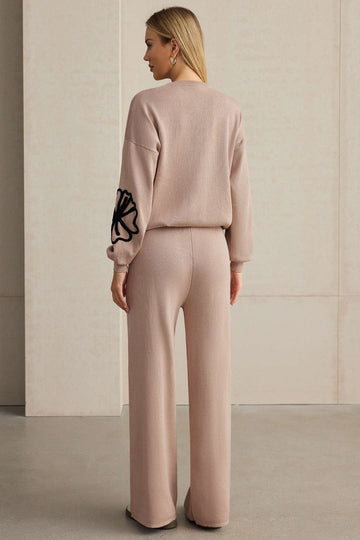 Knit Round Neck Embroidery Long-Sleeve Top And Wide Leg Pants Set