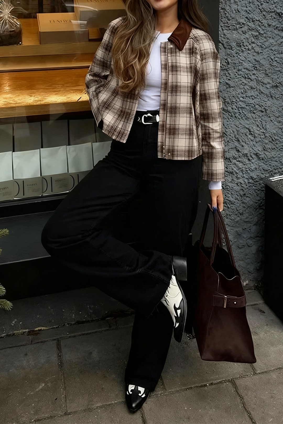 Plaid Print Zipper Pocket Jacket