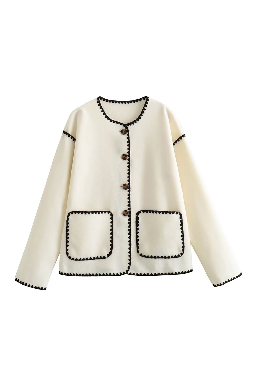 Embroidered Trim Button Patch Pocket Coat