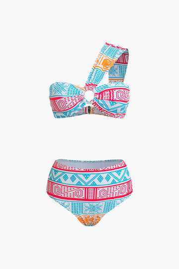 Tribal Print One Shoulder Two-Piece Swimsuit Set