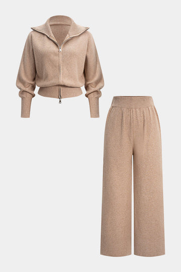 Knit Zipper Long-Sleeve Hoodie And Shirred Waistband Zipper Wide Leg Pants Set