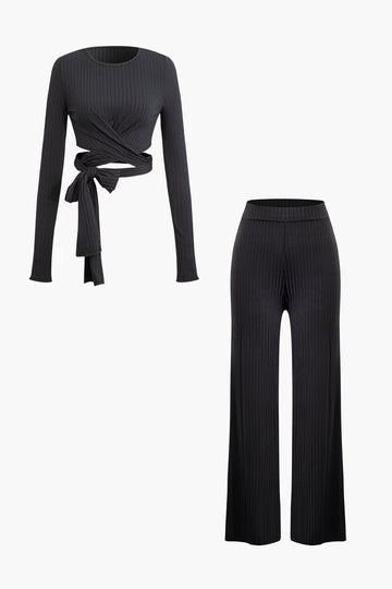 Twist Tie Round Neck Long Sleeve Top And High Waist Pants Set