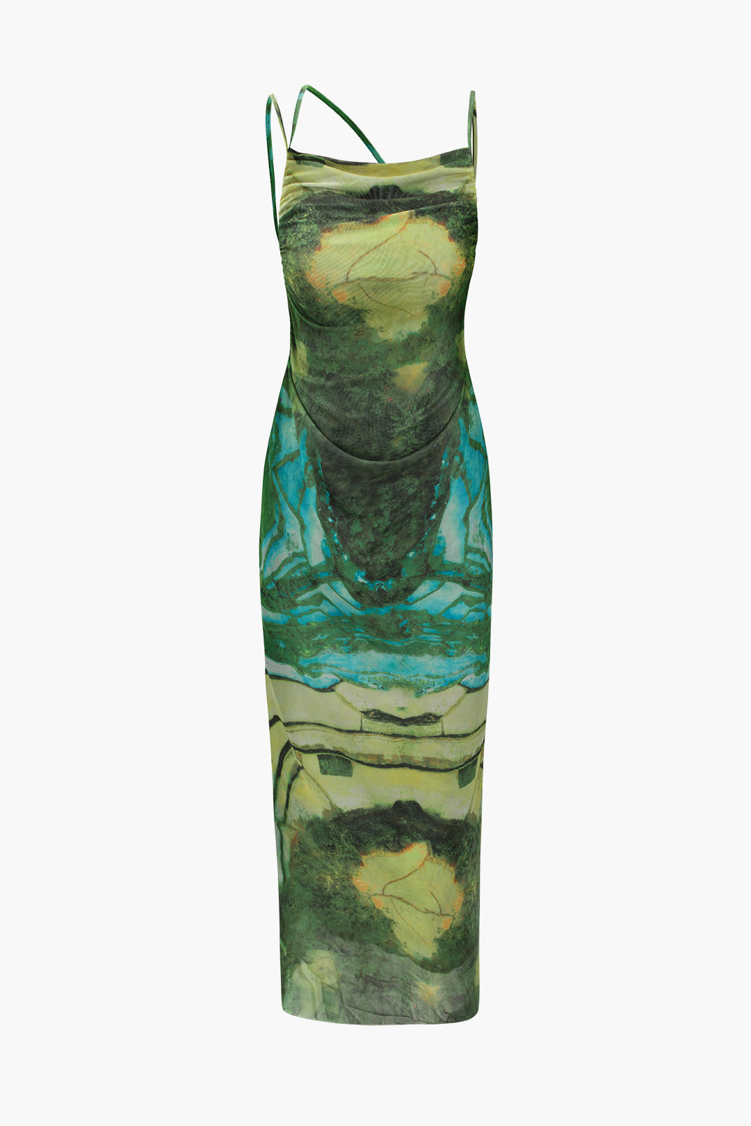 Printed Asymmetric Strap Mesh Midi Dress – Micas