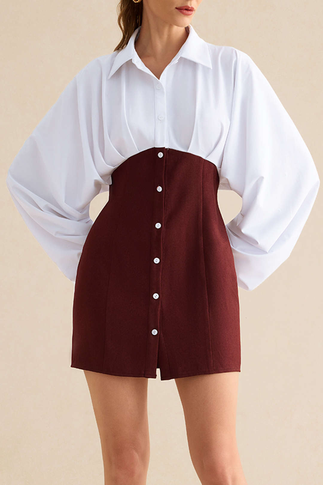 Contrast Button Ruched Long Sleeve Mini Dress