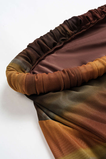 Plus Size Colorblock Print Mesh Ruched Asymmetrical Long Sleeve Midi Dress