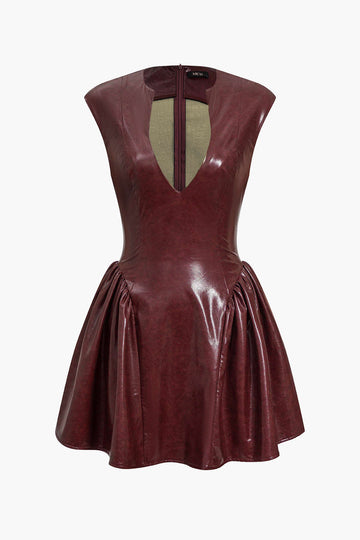 Faux Leather V-neck Ruched Mini Dress