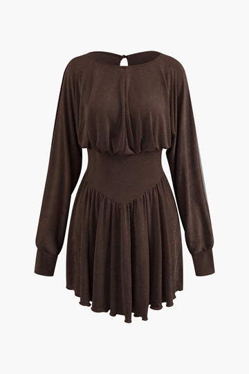 Round Neck Cut Out Pleated Long Sleeve Mini Dress